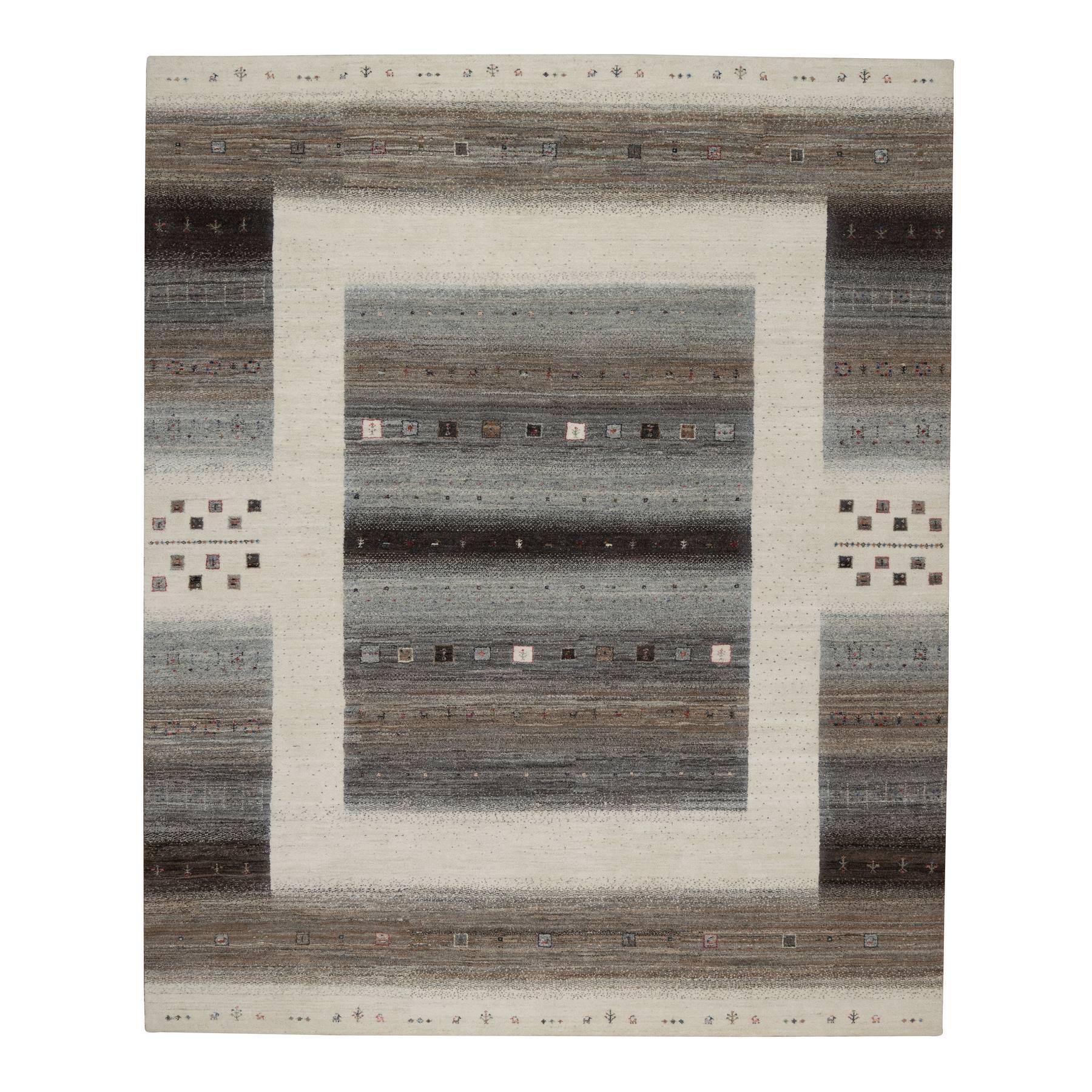 Vanilla Ice White, Hand Knotted, Lori Buft Gabbeh with Small Animal and Human Figurines, Thick and Plush, Modern, Pure Wool, Oriental Rug